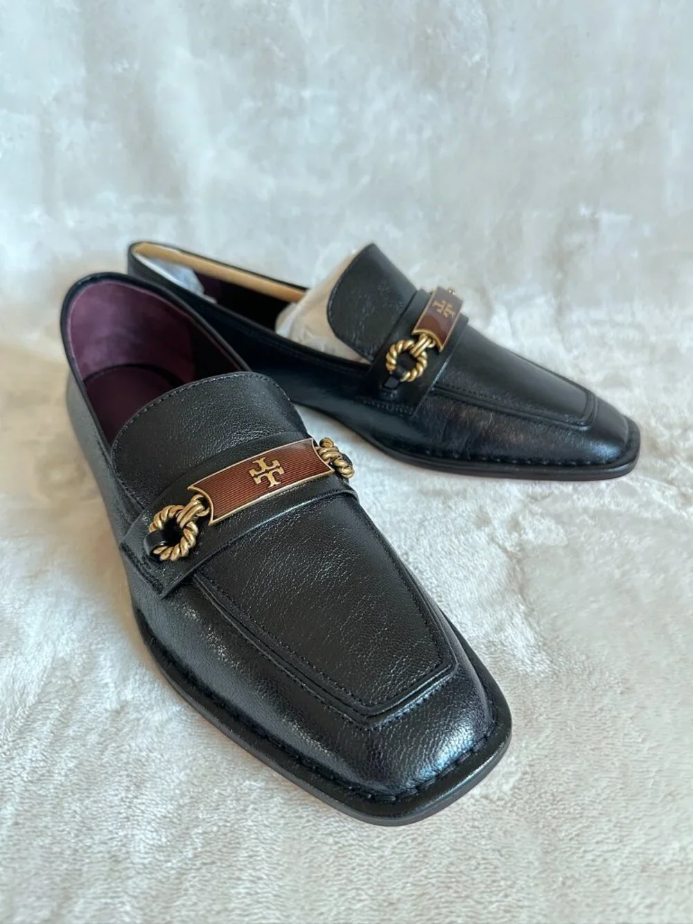NIB Tory Burch Perrine Loafer Shoes Square Toe Logo Leather In Black Size 7
